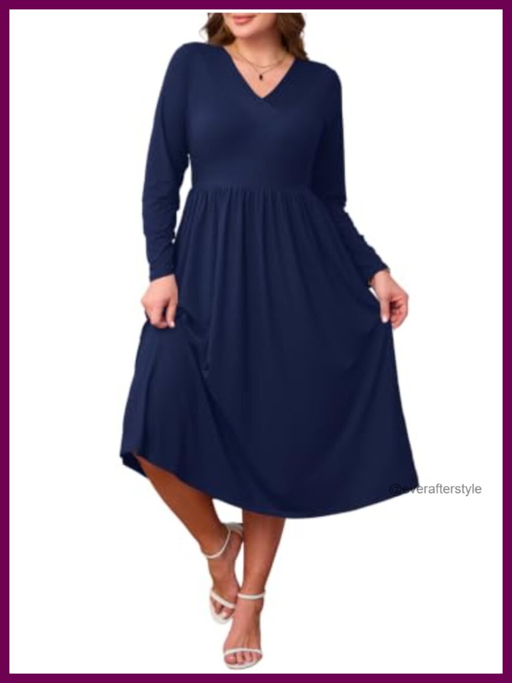 Plus Size V Neck Midi Dress Long Sleeve A Line Pockets Casual Fall